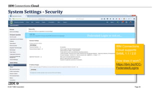 © 2017 IBM Corporation
IBM Connections Cloud
Page 29
System Settings - Security
Federated Login or not or....
IBM Connections
Cloud supports
SAML 1.1 / 2.0
How does it work?
https://ibm.biz/ICC-
FederatedLogins
 