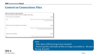 © 2017 IBM Corporation
IBM Connections Cloud
Page 45
Control on Connections Files
note:
- Files above 2GB do not get virus scanned!
- Removing Files will make all files no longer accessible to all users in
the org. #careful
 