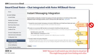 © 2017 IBM Corporation
IBM Connections Cloud
Page 59
SmartCloud Notes – Chat integrated with Notes WEBmail-Verse
only at end
of migration
during
migration
during
migration
WHY? Because it will switch any rich client to cloud too!
This might keep people from finding each other
 