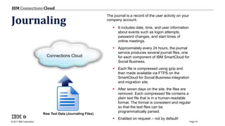 © 2017 IBM Corporation
IBM Connections Cloud
Page 75
© 2013 IBM Corporation
Journaling
The journal is a record of the user activity on your
company account.
 It includes date, time, and user information
about events such as logon attempts,
password changes, and start times of
online meetings.
 Approximately every 24 hours, the journal
service produces several journal files, one
for each component of IBM SmartCloud for
Social Business.
 Each file is compressed using gzip and
then made available via FTPS on the
SmartCloud for Social Business integration
and migration site.
 After seven days on the site, the files are
removed. Each compressed file contains a
plain text file that is in a human-readable
format. The format is consistent and regular
so that the text files can be
programmatically parsed.
 Enabled on request – not by default!
Connections Cloud
Raw Text Data (Journaling Files)
 