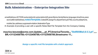 © 2017 IBM Corporation
IBM Connections Cloud
Page 94
Bulk Administration – Enterprise Integration Site
Assign a specific mail file template with a batch approach
emailAddress,ACTION,subscriptionId,subscriptionId2,givenName,familyName,language,timeZone,pass
word,altEmailAddress,notesTemplate,notesDN,assignTo,department,jobTitle,country,telephone,
mobile,fax,address,suppressInvitation,federationType
#--Example of providing a user with a specific Notes Mail File Template from the Company Catalog
maurice.teeuwe@acme.com,Update,,,,,pt_PT,America/Toronto,,,"StdR85Mail,8.5.3,pt",,,,,
BR,+31123456789,+31123456789,+31123456789,Streetname 11,,
 