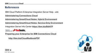 © 2017 IBM Corporation
IBM Connections Cloud
Page 98
References
IBM Cloud Platform Enterprise Integration Server Help - wiki
Administering Connections Cloud
Administering SmartCloud Notes: Hybrid Environment
Administering SmartCloud Notes: Service-Only Environment
Integration Server Info Center https://ibm.biz/Bdi47P
Preparing your Enterprise for IBM Connections Cloud
http://ibm.biz/CloudRedbookPDF
 