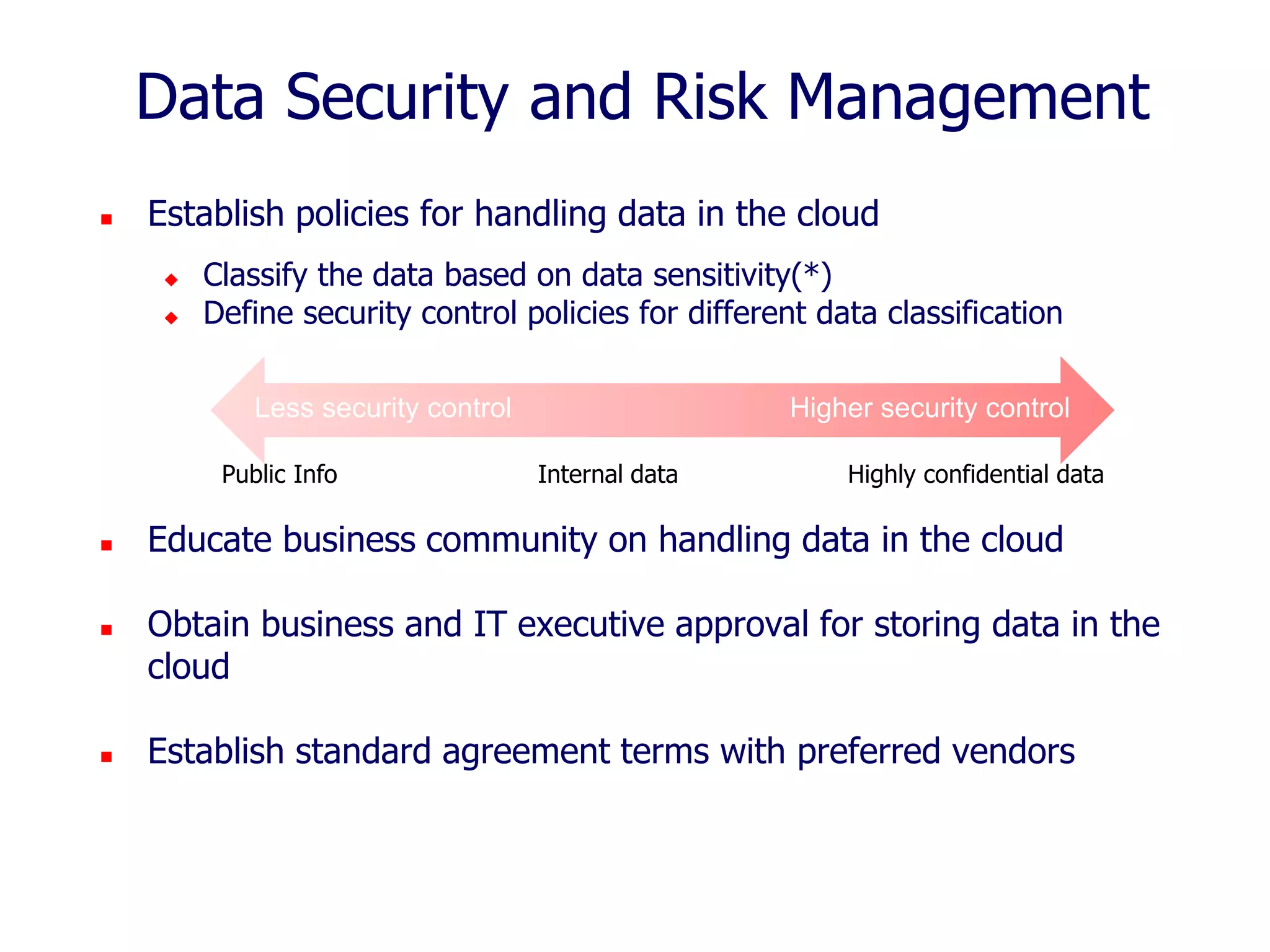 Data Security and Risk Management


Establish policies for handling data in the cloud



Classify the data based on data sensitivity(*)
Define security control policies for different data classification
Less security control
Public Info







Higher security control
Internal data

Highly confidential data

Educate business community on handling data in the cloud
Obtain business and IT executive approval for storing data in the
cloud
Establish standard agreement terms with preferred vendors

 