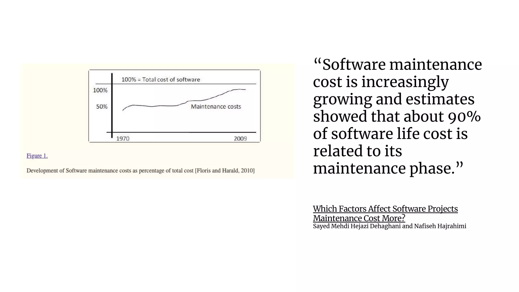 “Software maintenance
cost is increasingly
growing and estimates
showed that about 90%
of software life cost is
related to its
maintenance phase.”
Which Factors Affect Software Projects
Maintenance Cost More?
Sayed Mehdi Hejazi Dehaghani and Nafiseh Hajrahimi
 
