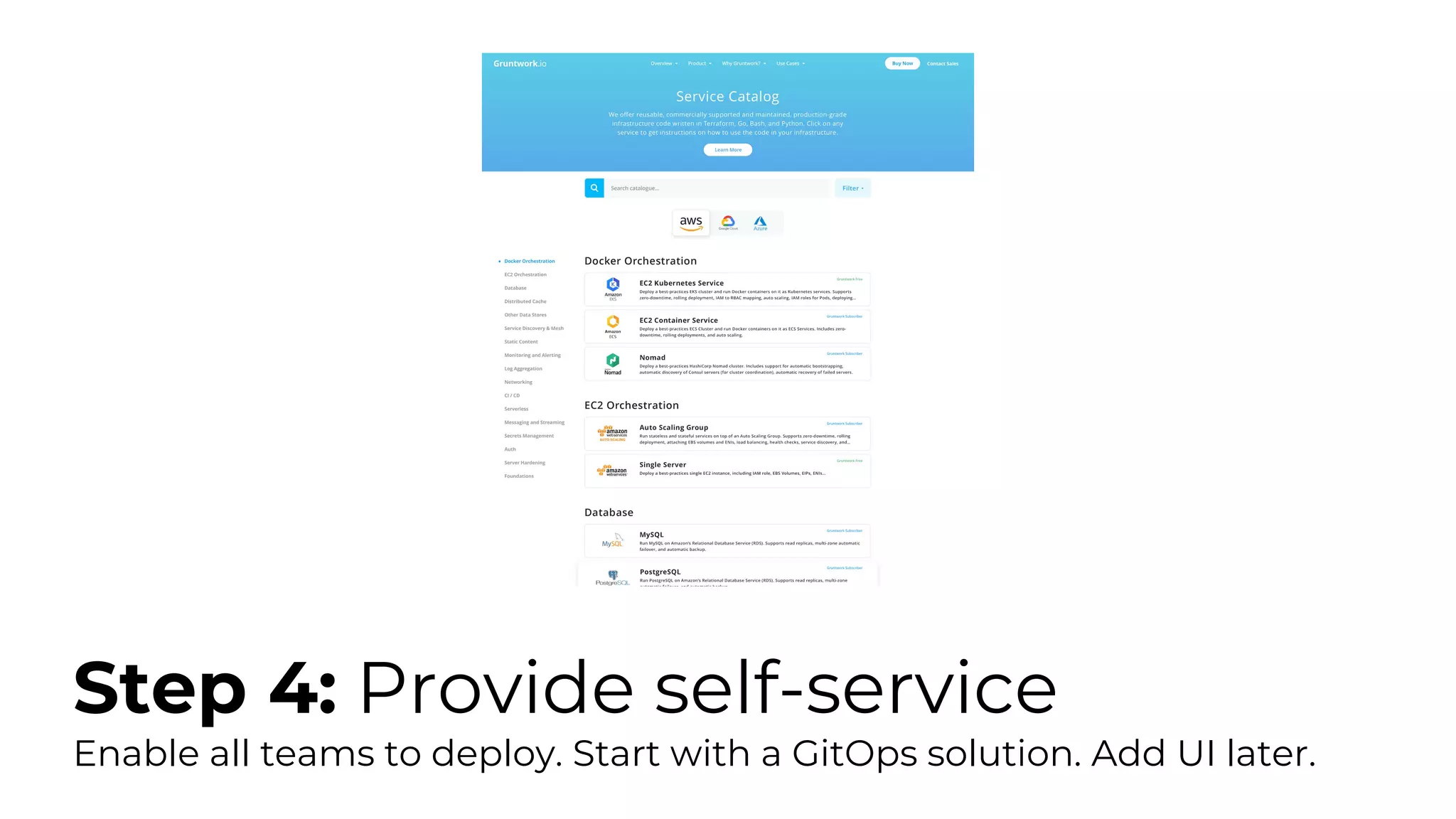 Step 4: Provide self-service
Enable all teams to deploy. Start with a GitOps solution. Add UI later.
 