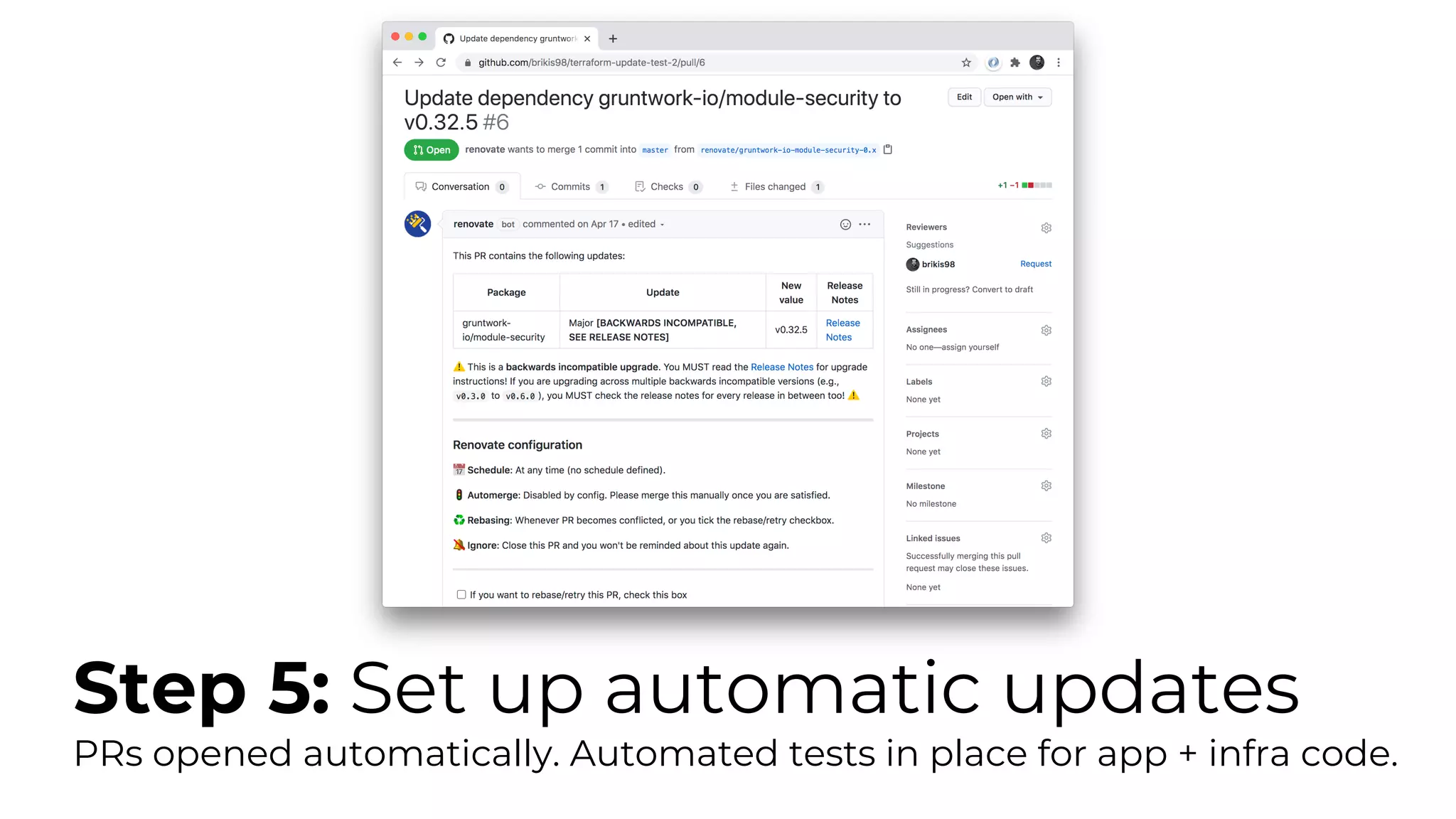 Step 5: Set up automatic updates
PRs opened automatically. Automated tests in place for app + infra code.
 