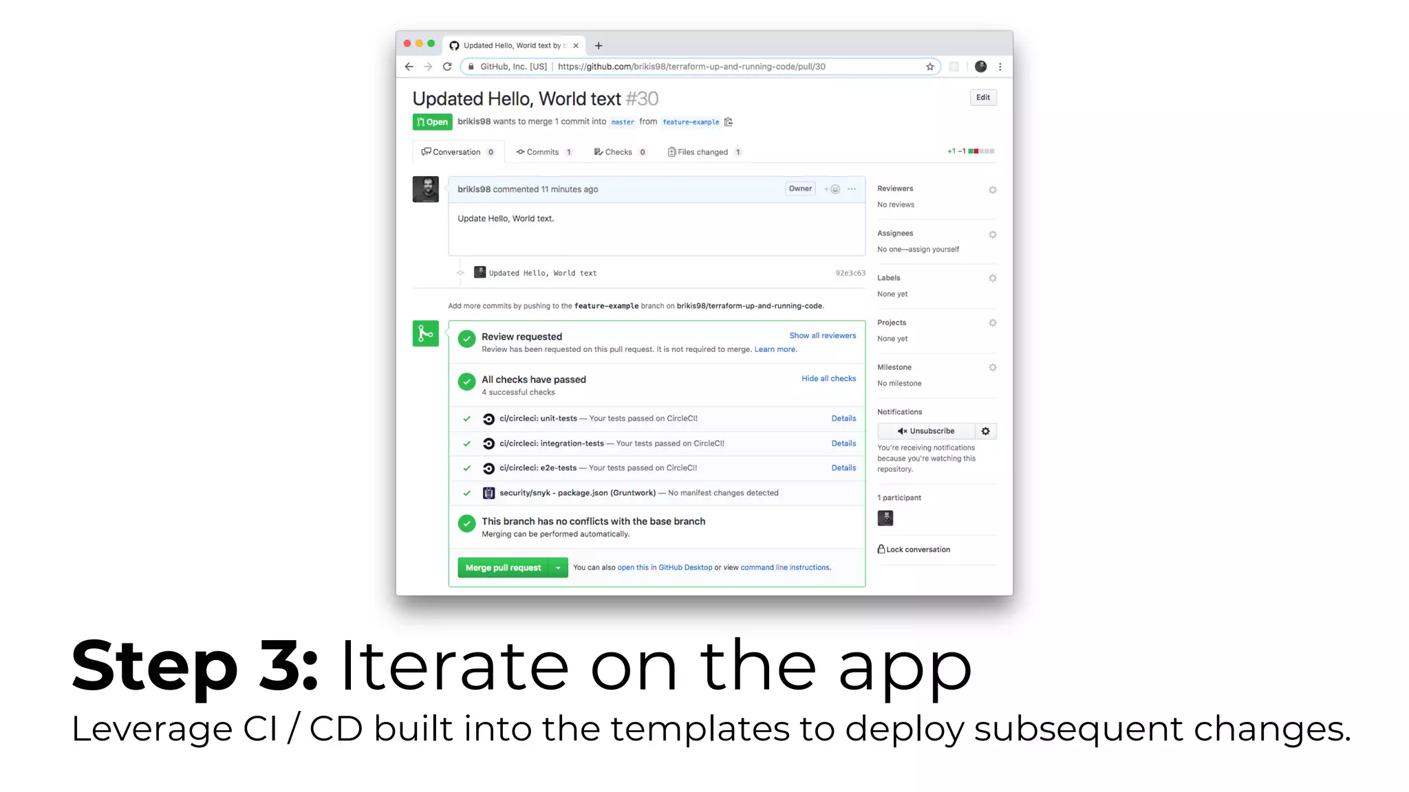 Step 3: Iterate on the app
Leverage CI / CD built into the templates to deploy subsequent changes.
 