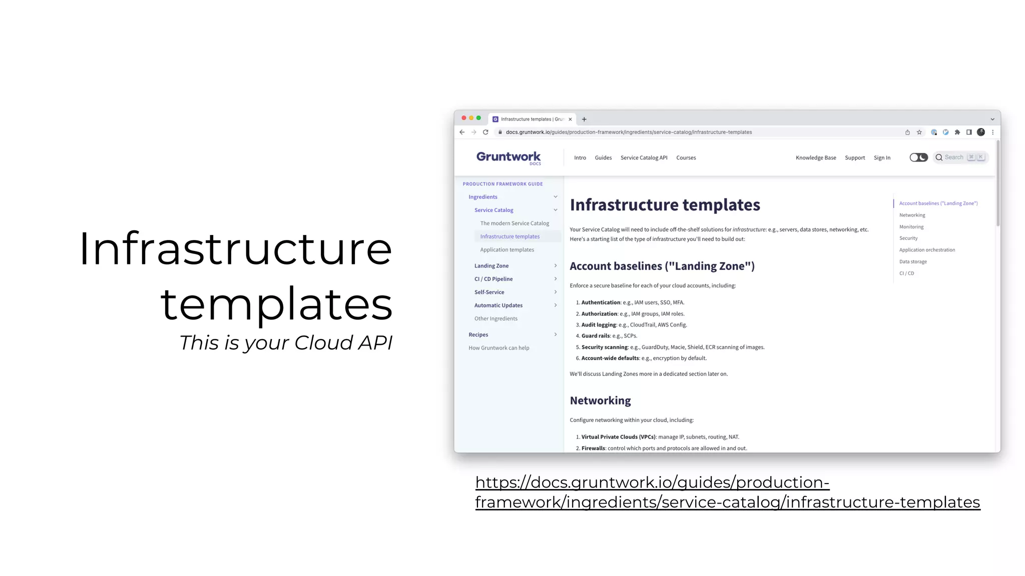Infrastructure
templates
This is your Cloud API
https://docs.gruntwork.io/guides/production-
framework/ingredients/service-catalog/infrastructure-templates
 