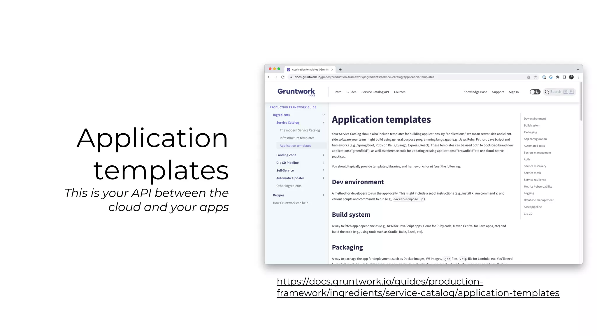 Application
templates
This is your API between the
cloud and your apps
https://docs.gruntwork.io/guides/production-
framework/ingredients/service-catalog/application-templates
 