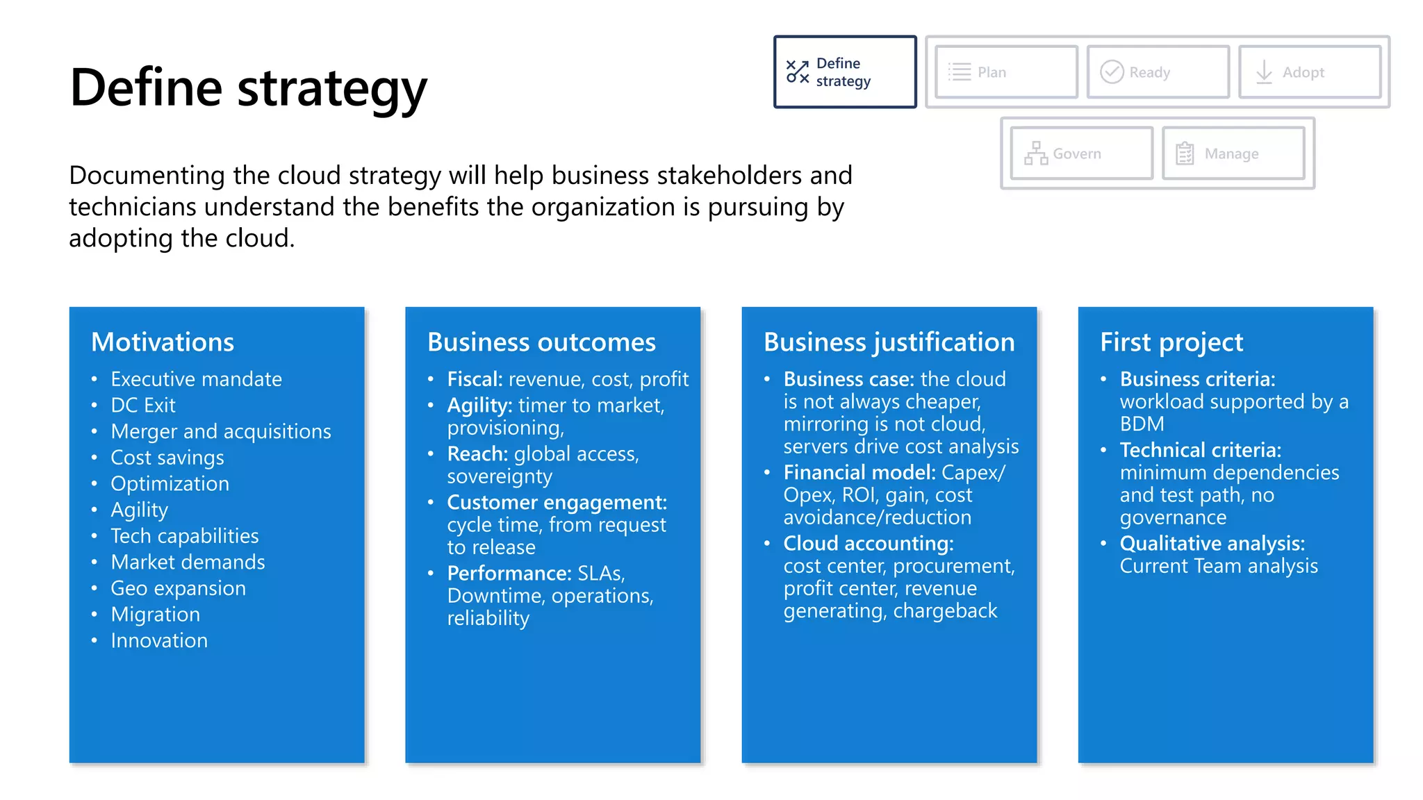 Motivations
• Executive mandate
• DC Exit
• Merger and acquisitions
• Cost savings
• Optimization
• Agility
• Tech capabilities
• Market demands
• Geo expansion
• Migration
• Innovation
Define strategy
Business outcomes
• Fiscal: revenue, cost, profit
• Agility: timer to market,
provisioning,
• Reach: global access,
sovereignty
• Customer engagement:
cycle time, from request
to release
• Performance: SLAs,
Downtime, operations,
reliability
Business justification
• Business case: the cloud
is not always cheaper,
mirroring is not cloud,
servers drive cost analysis
• Financial model: Capex/
Opex, ROI, gain, cost
avoidance/reduction
• Cloud accounting:
cost center, procurement,
profit center, revenue
generating, chargeback
First project
• Business criteria:
workload supported by a
BDM
• Technical criteria:
minimum dependencies
and test path, no
governance
• Qualitative analysis:
Current Team analysis
Documenting the cloud strategy will help business stakeholders and
technicians understand the benefits the organization is pursuing by
adopting the cloud.
Ready
Plan Adopt
Define
strategy
Manage
Govern
 