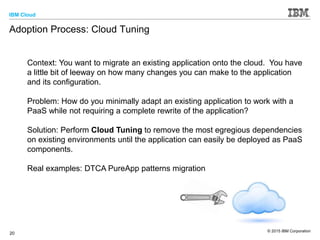 IBM Cloud
© 2015 IBM Corporation
20
Adoption Process: Cloud Tuning
Context: You want to migrate an existing application onto the cloud. You have
a little bit of leeway on how many changes you can make to the application
and its configuration.
Problem: How do you minimally adapt an existing application to work with a
PaaS while not requiring a complete rewrite of the application?
Solution: Perform Cloud Tuning to remove the most egregious dependencies
on existing environments until the application can easily be deployed as PaaS
components.
Real examples: DTCA PureApp patterns migration
 