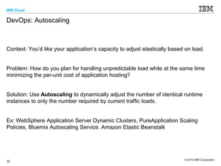 IBM Cloud
© 2015 IBM Corporation
32
DevOps: Autoscaling
Context: You’d like your application’s capacity to adjust elastically based on load.
Problem: How do you plan for handling unpredictable load while at the same time
minimizing the per-unit cost of application hosting?
Solution: Use Autoscaling to dynamically adjust the number of identical runtime
instances to only the number required by current traffic loads.
Ex: WebSphere Application Server Dynamic Clusters, PureApplication Scaling
Policies, Bluemix Autoscaling Service. Amazon Elastic Beanstalk
 