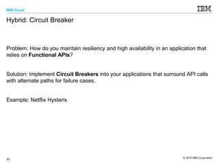 IBM Cloud
© 2015 IBM Corporation
43
Hybrid: Circuit Breaker
Problem: How do you maintain resiliency and high availability in an application that
relies on Functional APIs?
Solution: Implement Circuit Breakers into your applications that surround API calls
with alternate paths for failure cases.
Example: Netflix Hysterix
 