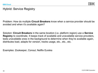 IBM Cloud
© 2015 IBM Corporation
44
Hybrid: Service Registry
Problem: How do multiple Circuit Breakers know when a service provider should be
avoided and when it’s available again?
Solution: Circuit Breakers in the same location (i.e. platform region) use a Service
Registry to coordinate. It keeps track of available and unavailable service providers,
tests unavailable ones in the background to determine when they’re available again,
distributes load, adapts for version, tracks usage, etc., etc., etc.
Examples: Zookeeper, Consul, Netflix Eureka
 