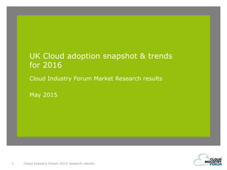 UK Cloud adoption snapshot & trends
for 2016
Cloud Industry Forum Market Research results
May 2015
Cloud Industry Forum 2015 research results1
 