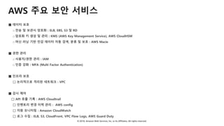 © 2018, Amazon Web Services, Inc. or Its Affiliates. All rights reserved.
AWS 주요 보안 서비스
■ 데이터 보호
□ 전송 및 보관시 암호화 : ELB, EBS, S3 및 RD
□ 암호화 키 생성 및 관리 : KMS (AWS Key Management Service), AWS CloudHSM
□ 머신 러닝 기반 민감 데이터 자동 검색, 분류 및 보호 : AWS Macie
■ 권한 관리
□ 사용자/권한 관리 : IAM
□ 인증 강화 : MFA (Multi Factor Authentication)
■ 인프라 보호
□ 논리적으로 격리된 네트워크 : VPC
■ 감시 제어
□ API 호출 기록 : AWS Cloudtrail
□ 인벤토리 변경 이력 관리 : AWS config
□ 자원 모니터링 : Amazon CloudWatch
□ 로그 수집 : ELB, S3, CloudFront, VPC Flow Logs, AWS Guard Duty
 