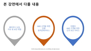 © 2018, Amazon Web Services, Inc. or Its Affiliates. All rights reserved.
본 강연에서 다룰 내용
클라우드 도입
이슈 및 보안 위협
AWS 고객을 위한
안랩
원격관제서비스
안랩의
AWS 고객을 위한
신규 보안 서비스
 