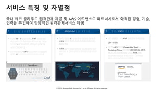 © 2018, Amazon Web Services, Inc. or Its Affiliates. All rights reserved.
서비스 특징 및 차별점
국내 최초 클라우드 원격관제 제공 및 AWS 어드밴스드 파트너사로서 축척된 경험, 기술,
인력을 투입하여 안정적인 원격관제서비스 제공
‘
 