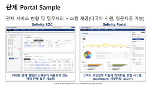 © 2018, Amazon Web Services, Inc. or Its Affiliates. All rights reserved.
관제 Portal Sample
관제 서비스 현황 및 업무처리 시스템 제공(다국어 지원, 영문제공 가능)
Sefinity SOC Sefinity Portal
다양한 관제 경험과 노하우가 적용되어 있는
자체 관제 업무 시스템
고객사 보안업무 지원에 최적화된 포털 시스템
(Dashboard, 티켓관리, 보고서)
 