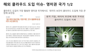 © 2018, Amazon Web Services, Inc. or Its Affiliates. All rights reserved.
해외 클라우드 도입 이슈- 영미권 국가 1/2
클라우드 도입이 가장 활발한 영미권 국가에서도 데이터 보안이 클라우드 도입에 가장 큰
장애 요인임.
 