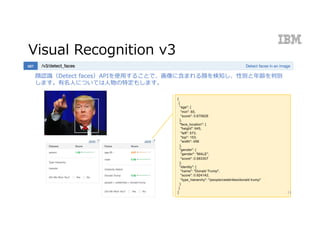 Visual Recognition v3
[
{
"age": {
"min": 65,
"score": 0.670626
},
"face_location": {
"height": 645,
"left": 573,
"top": 153,
"width": 456
},
"gender": {
"gender": "MALE",
"score": 0.993307
},
"identity": {
"name": "Donald Trump",
"score": 0.924142,
"type_hierarchy": "/people/celebrities/donald trump"
}
}
]
顔認識（Detect faces）APIを使⽤することで、画像に含まれる顔を検知し、性別と年齢を判別
します。有名⼈については⼈物の特定もします。
13
 