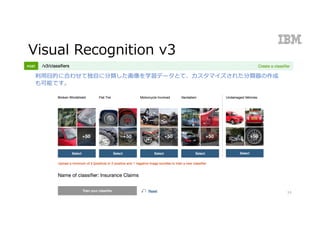 Visual Recognition v3
利⽤⽬的に合わせて独⾃に分類した画像を学習データとて、カスタマイズされた分類器の作成
も可能です。
14
 