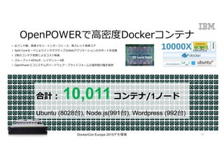 DockerCon Europe 2015デモ環境
合計： 10,011コンテナ/1ノード
ubuntu (8028台), Node.js(991台), Wordpress (992台)
• 広バンド幅、⾼速メモリ・インターフェース、他スレッド⾼速コア
• Split-CoreモードによりインタラクティブなWebアプリケーションのサポートを改善
• 2倍のコンテナ密度によるコスト削減
• スループット40%UP、レイテンシー4倍
• OpenPowerエコシステムがハードウェア・プラットフォームの選択肢の幅を提供
OpenPOWERで⾼密度Dockerコンテナ
31
 