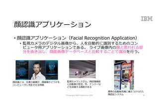 顔認識アプリケーション
• 顔認識アプリケーション（Facial Recognition Application）
• 監視カメラのデジタル画像から、⼈を⾃動的に識別するためのコン
ピュータ⽤アプリケーションである。 ライブ画像内の顔と思われる部
分を抜き出し、顔⾯画像データベースと⽐較することで識別を⾏う。
監視カメラシステム。顔認識機能
と⾃動⾞の型式、⾊、ナンバーな
どを認識する機能がある
煙草の⾃動販売機に備えつけられた
顔認証システム
顔認識とは、任意の画像が、顔画像かどうかを、
コンピュータに判定させる問題
©Copyright	IBM	Corporation	2016 36
 