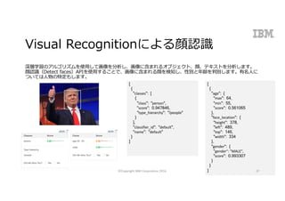 Visual Recognitionによる顔認識
深層学習のアルゴリズムを使⽤して画像を分析し、画像に含まれるオブジェクト、顔、テキストを分析します。
顔認識（Detect faces）APIを使⽤することで、画像に含まれる顔を検知し、性別と年齢を判別します。有名⼈に
ついては⼈物の特定もします。
[
{
"classes": [
{
"class": "person",
"score": 0.947846,
"type_hierarchy": "/people"
}
],
"classifier_id": "default",
"name": "default"
}
]
[
{
"age": {
"max": 64,
"min": 55,
"score": 0.561065
},
"face_location": {
"height": 378,
"left": 489,
"top": 146,
"width": 334
},
"gender": {
"gender":	"MALE",
"score": 0.993307
}
}
]©Copyright	IBM	Corporation	2016 37
 