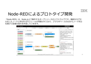 Node-REDによるプロトタイプ開発
「Node-RED」は、Node.js上で動作するオープンソースのソフトウェアです。機能をカプセ
ル化したノードと呼ばれるモジュールが⽤意されており、ブラウザベースのUIからノード同⼠
を繋げて処理の流れを作成していきます。
©Copyright	IBM	Corporation	2016 38
 