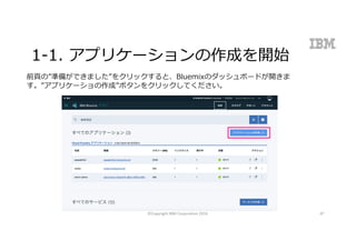 1-1. アプリケーションの作成を開始
前⾴の”準備ができました”をクリックすると、Bluemixのダッシュボードが開きま
す。”アプリケーショの作成”ボタンをクリックしてください。
©Copyright	IBM	Corporation	2016 47
 