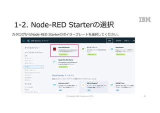 1-2. Node-RED Starterの選択
カタログからNode-RED Starterのボイラープレートを選択してください。
©Copyright	IBM	Corporation	2016 48
 