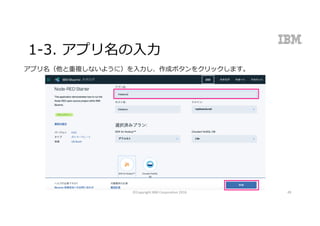 1-3. アプリ名の⼊⼒
アプリ名（他と重複しないように）を⼊⼒し、作成ボタンをクリックします。
©Copyright	IBM	Corporation	2016 49
 