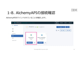 1-8. AlchemyAPIの接続確認
AlchemyAPIがバインドされていることを確認します。
©Copyright	IBM	Corporation	2016 54
 