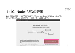 1-10. Node-REDの表⽰
Node-REDの初期ページが表⽰されます。”Go to your Node-RED flow editor”を、
クリックするとNode-REDのフロー・エディターが起動します。
©Copyright	IBM	Corporation	2016 56
 