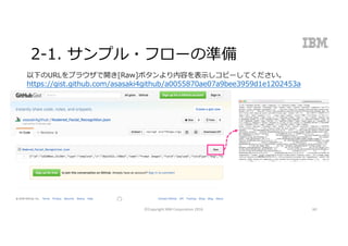 2-1. サンプル・フローの準備
以下のURLをブラウザで開き[Raw]ボタンより内容を表⽰しコピーしてください。
https://gist.github.com/asasaki4github/a0055870ae07a9bee3959d1e1202453a
©Copyright	IBM	Corporation	2016 60
 