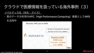 © 2015 NTT DOCOMO, INC. All rights reserved.
12
クラウドで医療情報を扱っている海外事例（３）
ノバルティス社（本社：スイス）
• 薬のデータ分析用のHPC（High Performance Computing）基盤としてAWS
を活用中
 