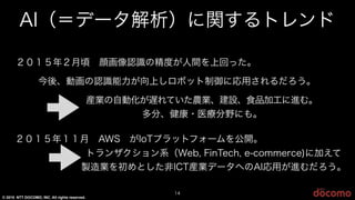 © 2015 NTT DOCOMO, INC. All rights reserved.
14
AI（＝データ解析）に関するトレンド
２０１５年２月頃 顔画像認識の精度が人間を上回った。
今後、動画の認識能力が向上しロボット制御に応用されるだろう。
産業の自動化が遅れていた農業、建設、食品加工に進む。
多分、健康・医療分野にも。
２０１５年１１月 AWS がIoTプラットフォームを公開。
トランザクション系（Web, FinTech, e-commerce)に加えて
製造業を初めとした非ICT産業データへのAI応用が進むだろう。
 