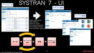 © 2015 NTT DOCOMO, INC. All rights reserved.
19
SYSTRAN ７ - UI
データ
トレーニング
実行
評価
プロダクション
サーバー展開
•!"#$%&'()*%+%,-*%(.'
•!"#$%&'/01-23*'
•4*50$'67'0.8%.0'
•/%9*:';0<%0='0<-32-*%(.'
•70$+%.(3(8"'0>*$-9*%(.'
•?$00'7$-.@3-*%(.''#-@03%.0
 