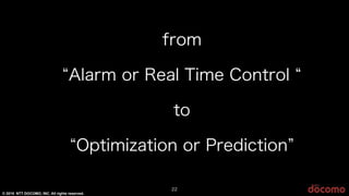 © 2015 NTT DOCOMO, INC. All rights reserved.
22
from
Alarm or Real Time Control
to
Optimization or Prediction
 