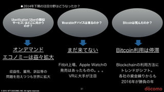 © 2015 NTT DOCOMO, INC. All rights reserved.
31
オンデマンド
エコノミーは益々拡大
収益性、雇用、訴訟等の
問題を抱えつつも世界に拡大
まだ来てない
Fitbit上場、Apple Watchの
発売はあったものの。。。
VRに大手が注目
Bitcoin利用は停滞
Blockchainの利用方法に
トレンドがシフト。
各社の資金繰りからも
2016年が勝負の年
 