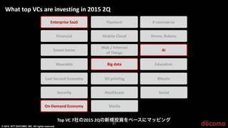 © 2015 NTT DOCOMO, INC. All rights reserved.
37
!"#$%&%'($)*++*
,'"+"-'+.
*/+%#)01/$
2$+%+3.$
4+(#)*$-1"5)!-1"1/6
*$-7%'#6 8$+.#0-+%$
9+6/$"#
:13'.$);.175
2$3)<)="#$%"$#
1>)?0'"@(
A'@)5+#+
BC)&%'"#'"@
!57-+#'1"
A'#-1'"
!D-1//$%-$
C%1"$E)F131#(
G=
*1-'+.
H"DC$/+"5)!-1"1/6 :$5'+
20+#)#1&)I;()+%$)'"J$(#'"@)'")KLMN)KO
?1&)I;)P社のKLMN)KOの新規投資をベースにマッピング
 