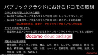 © 2015 NTT DOCOMO, INC. All rights reserved.
7
パブリッククラウドにおけるドコモの取組
クラウドを利用したシステム構築
• 2012年からWebサービス系システムで利用（例：しゃべってコンシェル）
• 2014年から業務サービス系システムで利用（例：統合データ分析基盤）
個人情報を含め，重要データをクラウドで扱うノウハウを保有
クラウド活用プロダクト
• 他企業が上記ノウハウを活用できるようドコモ・クラウドパッケージとして販売中
契約中のお客様業種
• 情報通信，ソフトウェア開発，食品，広告，商社，レンタル，健康器具，飲料，化
粧品，精密機械，繊維，地図，楽器，カーナビ，医療器具，銀行，印刷，出版，光
学機器，保険，等，30社以上
 