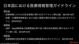 © 2015 NTT DOCOMO, INC. All rights reserved.
8
日本国における医療情報管理ガイドライン
厚労省
• 医療情報システムの安全管理に関するガイドライン第4.2版，2013年10月
• 医療・介護関係事業者における個人情報の適切な取扱いのためのガイドラ
イン，2010年9月
総務省
• ASP・SaaS事業者が医療情報を取り扱う際の安全管理に関するガイドラ
イン第1.1版，2010年12月
経産省
• 医療情報を受託管理する情報処理事業者向けガイドライン，2012年10月
 