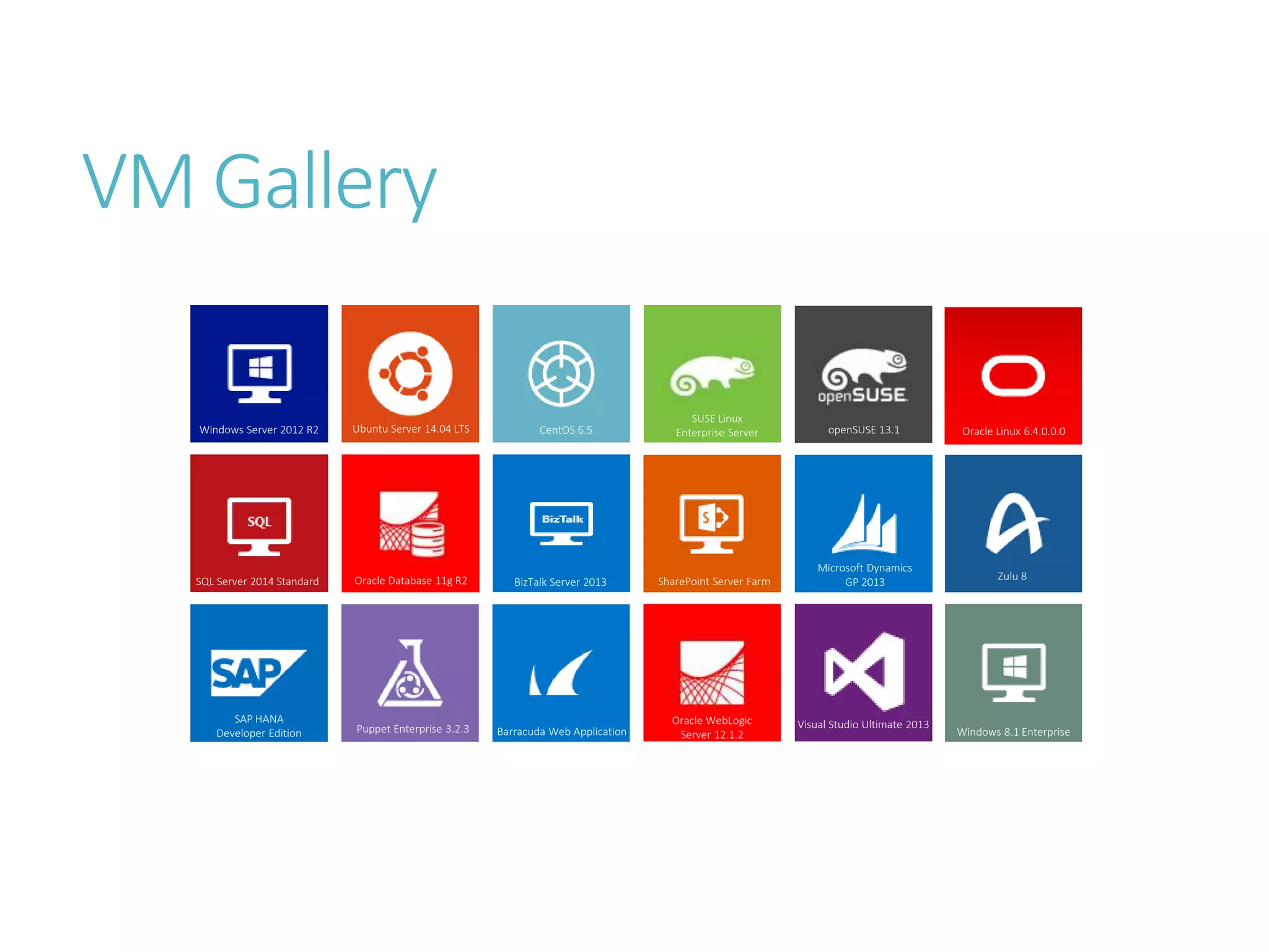 VM Gallery
A COLLECTION OF PREBUILT IMAGES FOR VARIOUS WORKLOADS
Microsoft Azure
Windows Server 2012 R2 Ubuntu Server 14.04 LTS CentOS 6.5
SUSE Linux
Enterprise Server Oracle Linux 6.4.0.0.0
Windows 8.1 Enterprise
SQL Server 2014 Standard Oracle Database 11g R2 BizTalk Server 2013 SharePoint Server Farm
Microsoft Dynamics
GP 2013
Zulu 8
SAP HANA
Developer Edition Puppet Enterprise 3.2.3 Barracuda Web Application
Oracle WebLogic
Server 12.1.2
Visual Studio Ultimate 2013
openSUSE 13.1
 