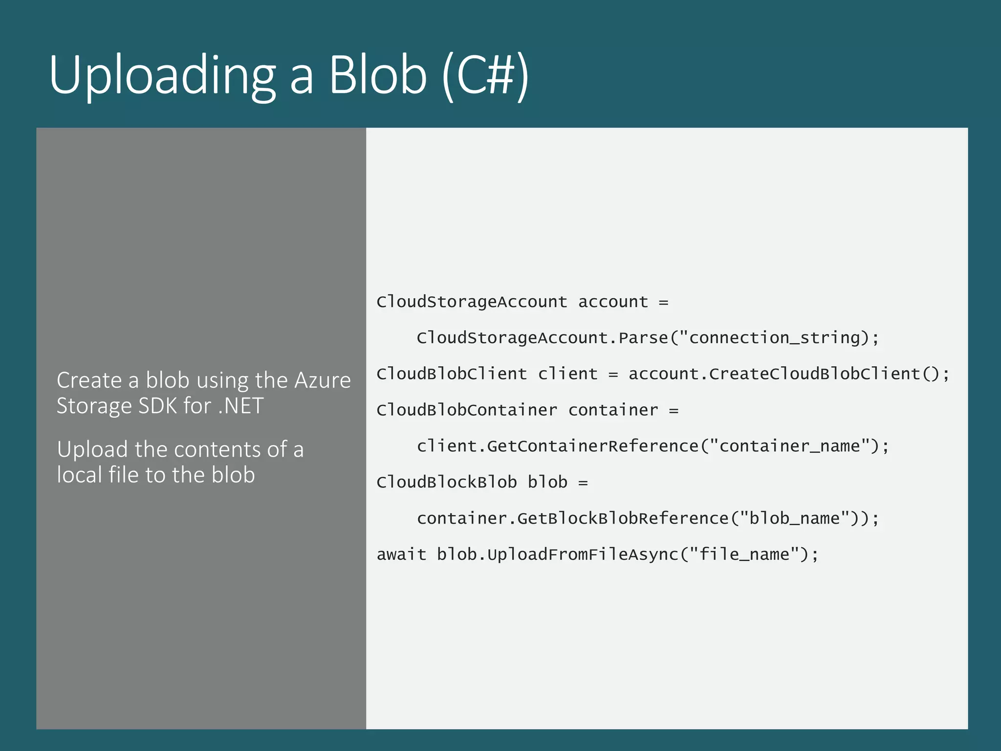 Uploading a Blob (C#)
Create a blob using the Azure
Storage SDK for .NET
Upload the contents of a
local file to the blob
CloudStorageAccount account =
CloudStorageAccount.Parse("connection_string);
CloudBlobClient client = account.CreateCloudBlobClient();
CloudBlobContainer container =
client.GetContainerReference("container_name");
CloudBlockBlob blob =
container.GetBlockBlobReference("blob_name"));
await blob.UploadFromFileAsync("file_name");
 