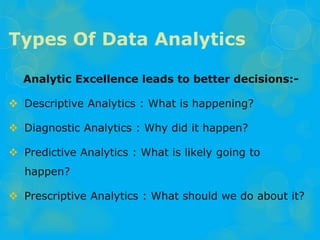 Types Of Data Analytics
Analytic Excellence leads to better decisions:-
 Descriptive Analytics : What is happening?
 Diagnostic Analytics : Why did it happen?
 Predictive Analytics : What is likely going to
happen?
 Prescriptive Analytics : What should we do about it?
 