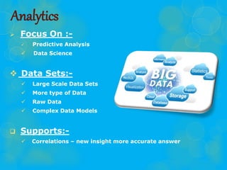 Analytics
 Focus On :-
 Predictive Analysis
 Data Science
 Data Sets:-
 Large Scale Data Sets
 More type of Data
 Raw Data
 Complex Data Models
 Supports:-
 Correlations – new insight more accurate answer
 