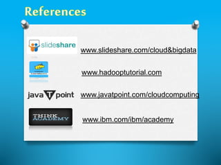www.slideshare.com/cloud&bigdata
www.hadooptutorial.com
www.javatpoint.com/cloudcomputing
www.ibm.com/ibm/academy
 