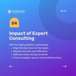 Impact of Expert
Consulting
05/07
With the right guidance, businesses:
Align DevOps tools to their goals
Migrate securely and efficiently
Optimize costs and governance
Ensure scalable, secure cloud infrastructure
04